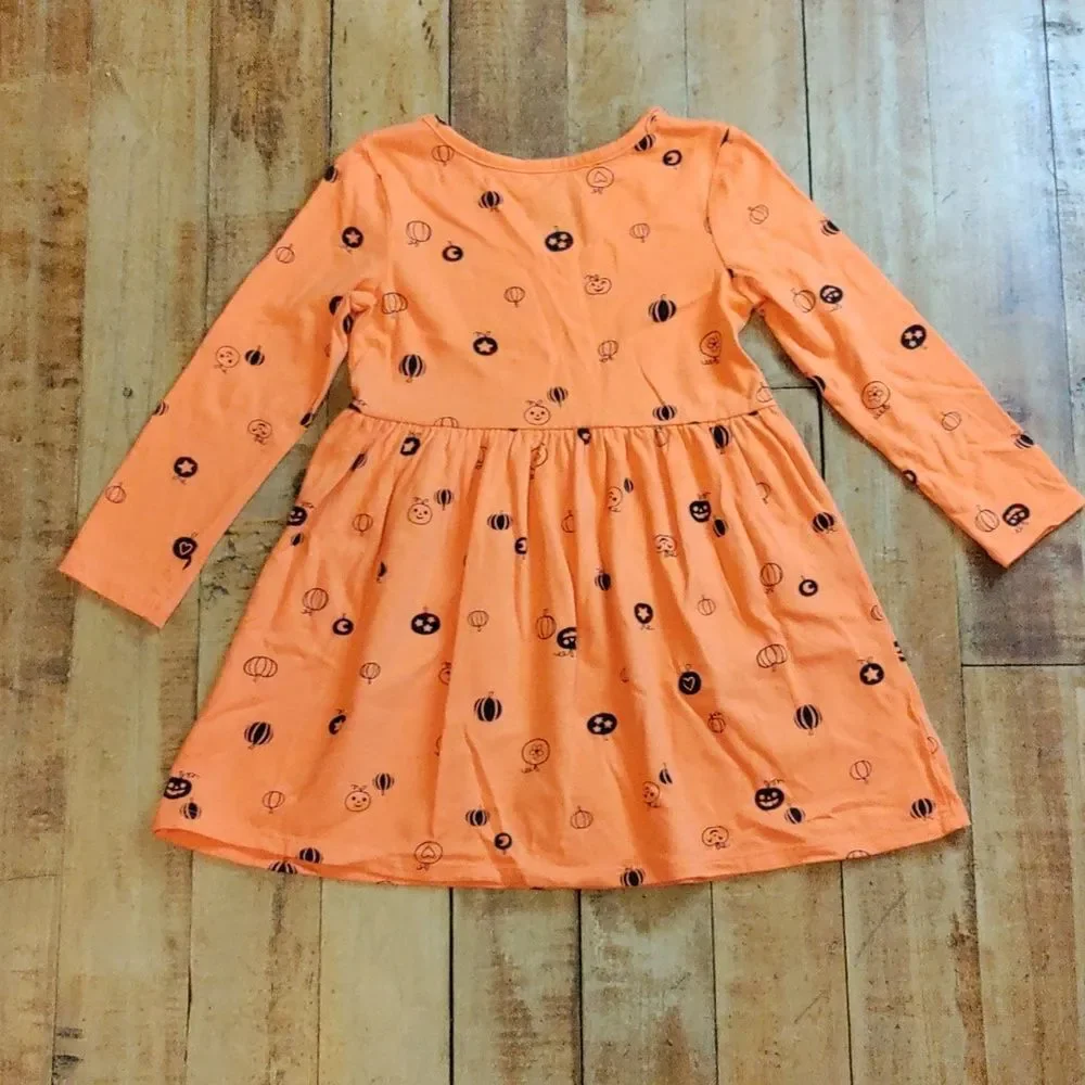 Cat & Jack Orange Halloween Print Dress 4T Cotton Pumpkins Fall